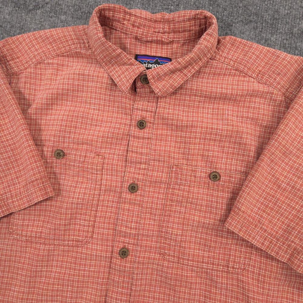 Patagonia Back Step Shirt Mens Medium Brick Red Check Hemp Organic Cotton Blend